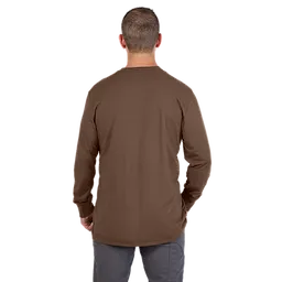 A man wearing a Heavy Duty Pocket T-Shirt - Brown with long sleeves, shown from the back. The shirt is paired with gray pants.