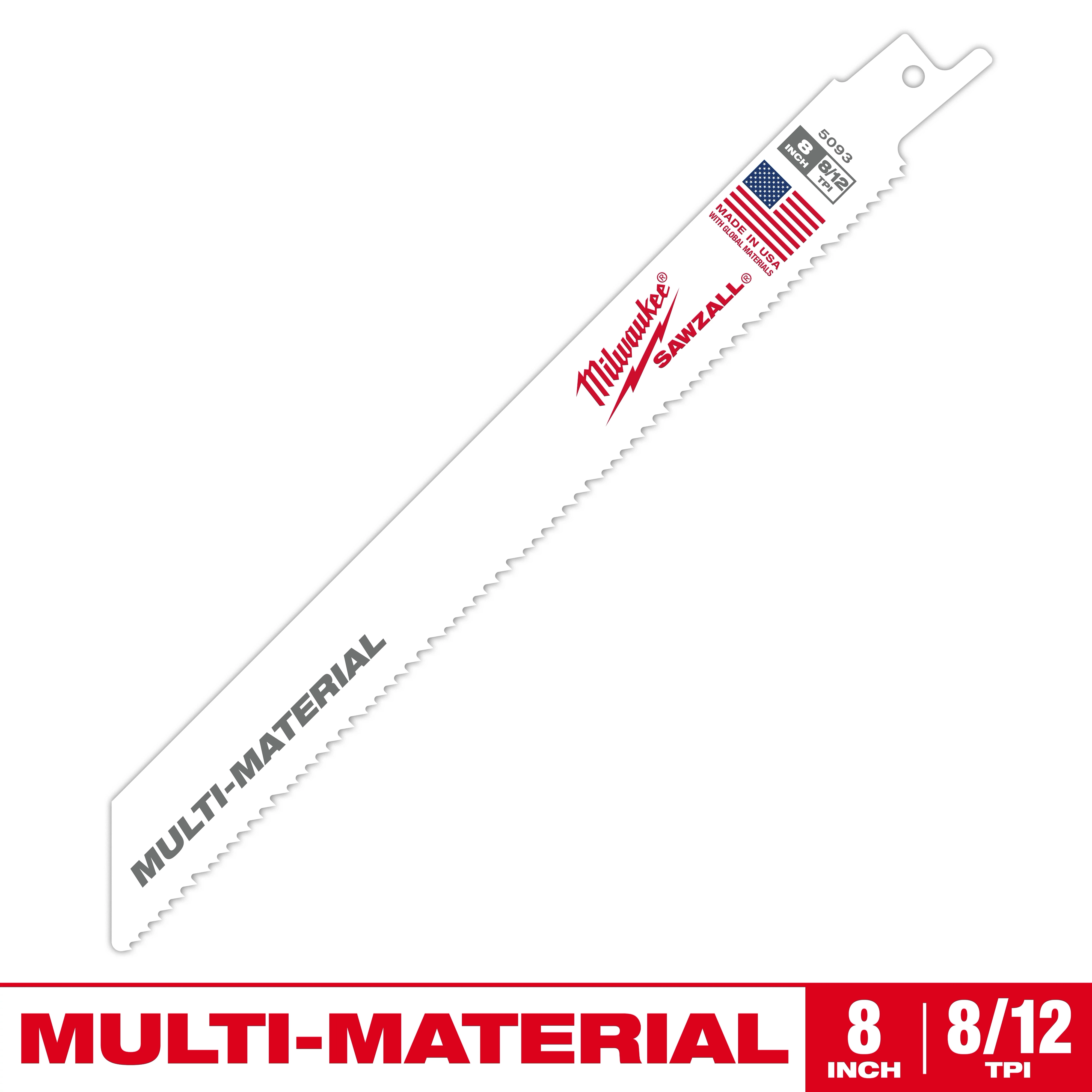 Milwaukee 8-inch multi-material saw blade with 8/12 teeth per inch, designed for versatile cutting. The blade features a white finish with red "Sawzall" branding and an American flag, indicating its made in the USA. Suitable for various materials, enhancing performance in different applications.