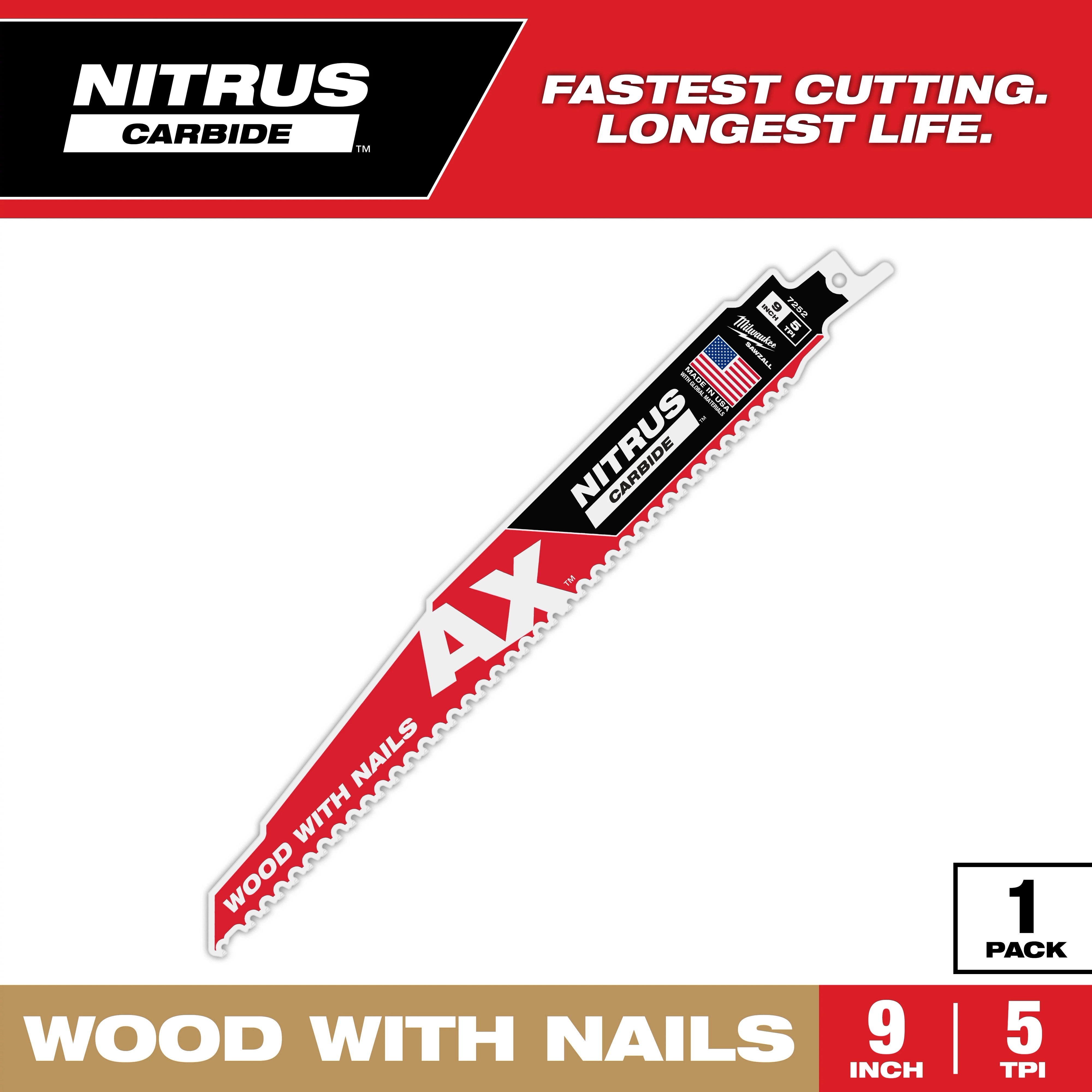 NITRUS Carbide 9-inch 5 TPI AX w/NITRUS Carbide Teeth SAWZALL Blade for Wood with Nails, featuring "Fastest Cutting. Longest Life."