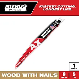 NITRUS Carbide 9-inch 5 TPI AX w/NITRUS Carbide Teeth SAWZALL Blade for Wood with Nails, featuring "Fastest Cutting. Longest Life."