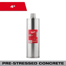4" Pre-Stressed Diamond Wet Core Bit for pre-stressed concrete with silver cylindrical body and red label attached.