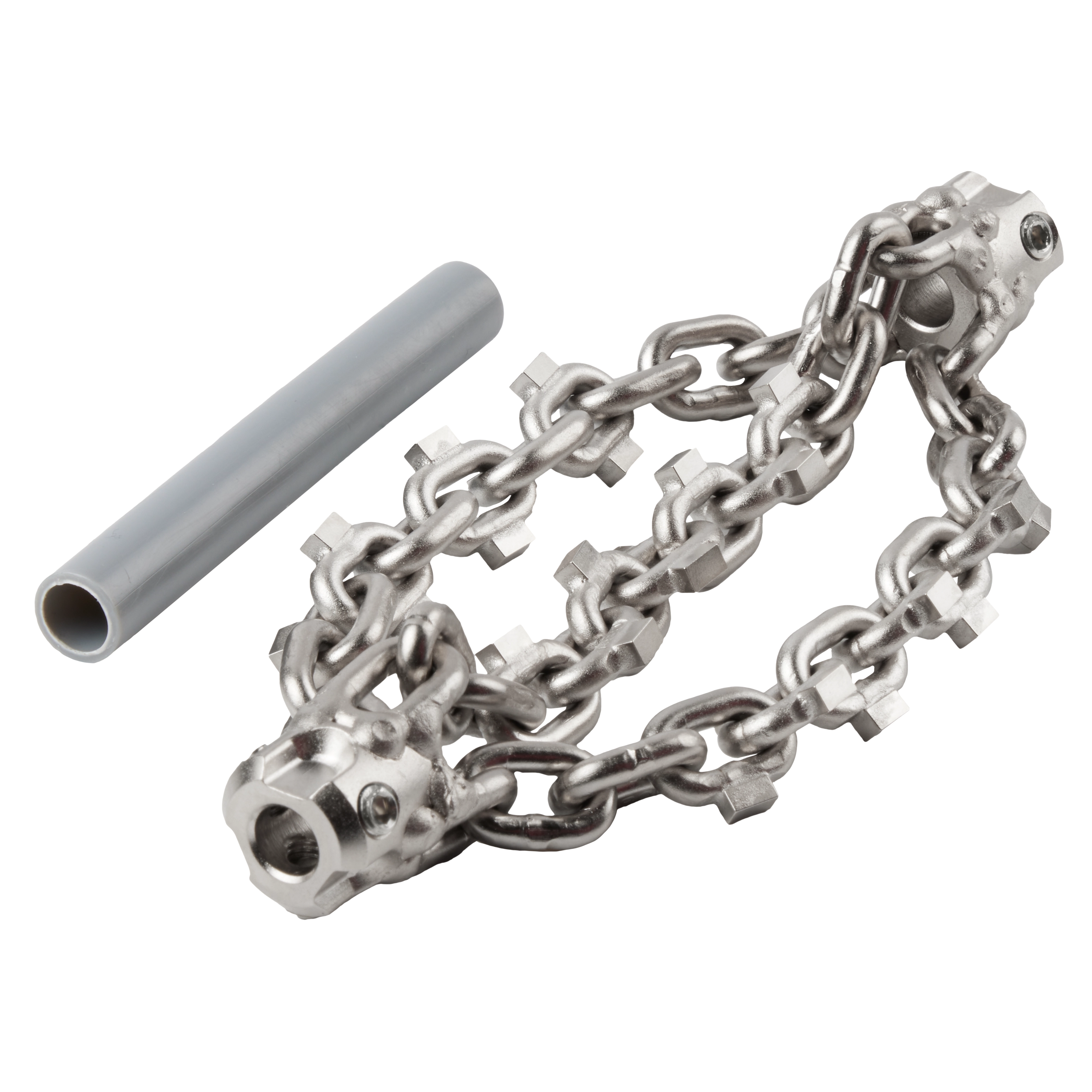 4" Carbide Chain Knocker for 5/16" Chain Snake Cable is a durable cleaning attachment with multiple carbide-tipped chains. Designed for effective removal of debris in pipes, it includes a metal chain with knocker heads and a cylindrical guide tube.