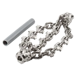 4" Carbide Chain Knocker for 5/16" Chain Snake Cable is a durable cleaning attachment with multiple carbide-tipped chains. Designed for effective removal of debris in pipes, it includes a metal chain with knocker heads and a cylindrical guide tube.