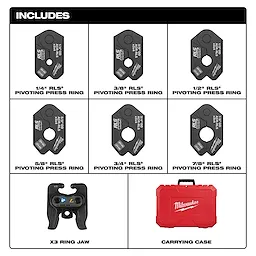 The 1/4" - 7/8" RLS® Pivoting Press Ring Kit for M12™ FORCE LOGIC™ Press Tool includes pivoting press rings, a ring jaw, and a red carrying case with the Milwaukee logo.