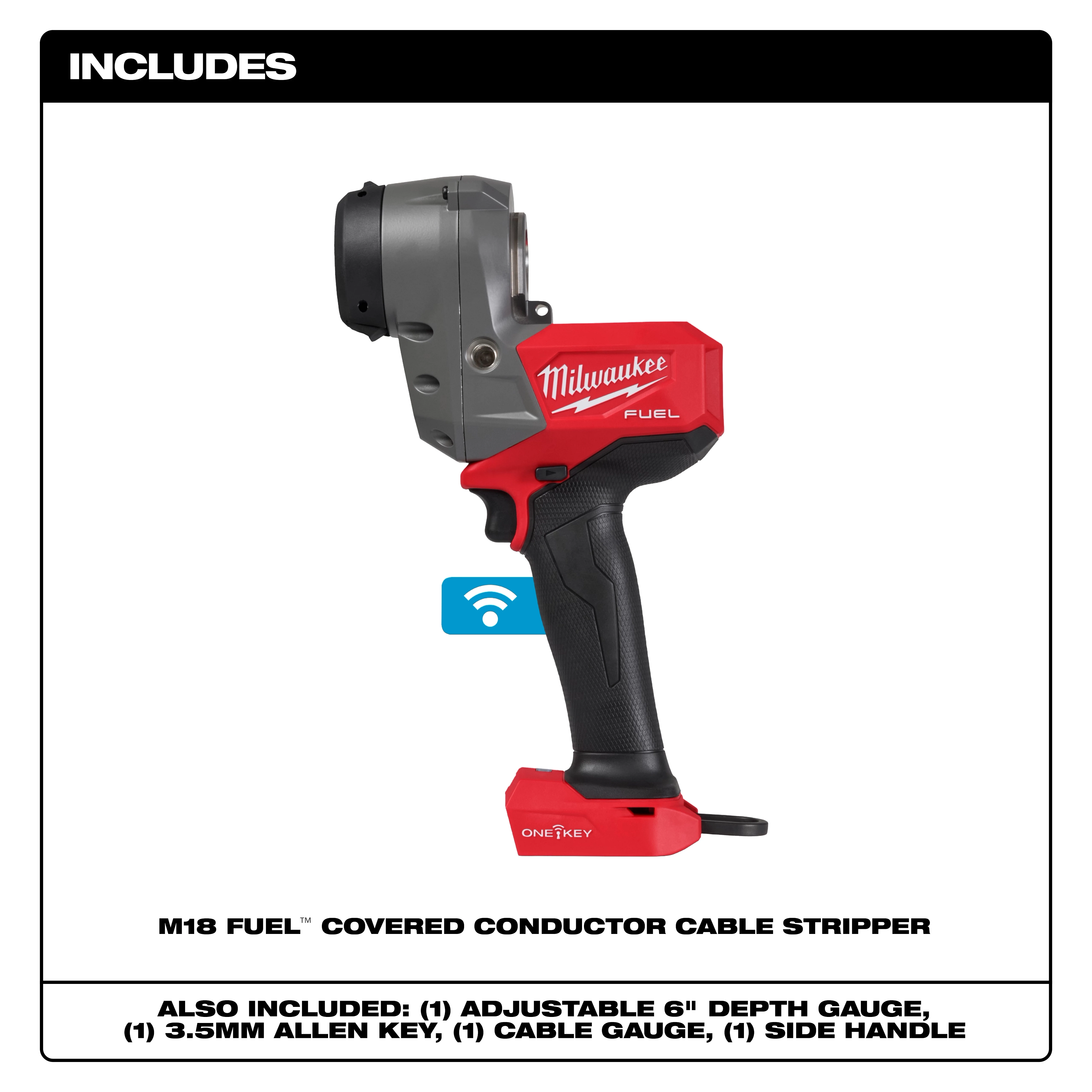 The M18 FUEL™ Covered Conductor Cable Stripper Kit w/ Adjustable Bushings includes an adjustable 6" depth gauge, 3.5mm Allen key, cable gauge, and side handle. The tool is red and black, branded Milwaukee, with a detachable base and ergonomic handle.
