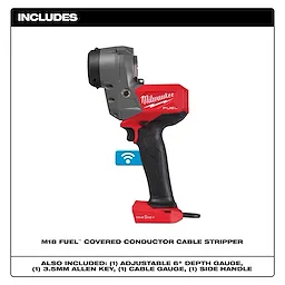 The M18 FUEL™ Covered Conductor Cable Stripper Kit w/ Adjustable Bushings includes an adjustable 6" depth gauge, 3.5mm Allen key, cable gauge, and side handle. The tool is red and black, branded Milwaukee, with a detachable base and ergonomic handle.