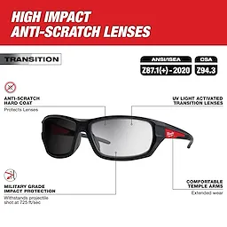 Transition Performance Safety Glasses feature high impact, anti-scratch, UV light-activated lenses, and comfortable temple arms. Meets ANSI/ISEA Z87.1 and CSA Z94.3 standards.