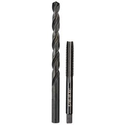 5/16"-18 Straight Flute Plug Tap and F Drill Bit are shown standing side by side. Both tools have a dark metallic finish.