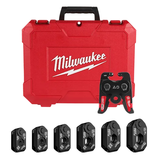 The image displays a ZoomLock MAX® & MaxiPro® Pivoting Press Ring Kit for M18™ FORCE LOGIC™ Press Tool by Milwaukee. The kit includes a red carrying case, a pivoting press ring, and six black press jaws of varying sizes lined up below the case.