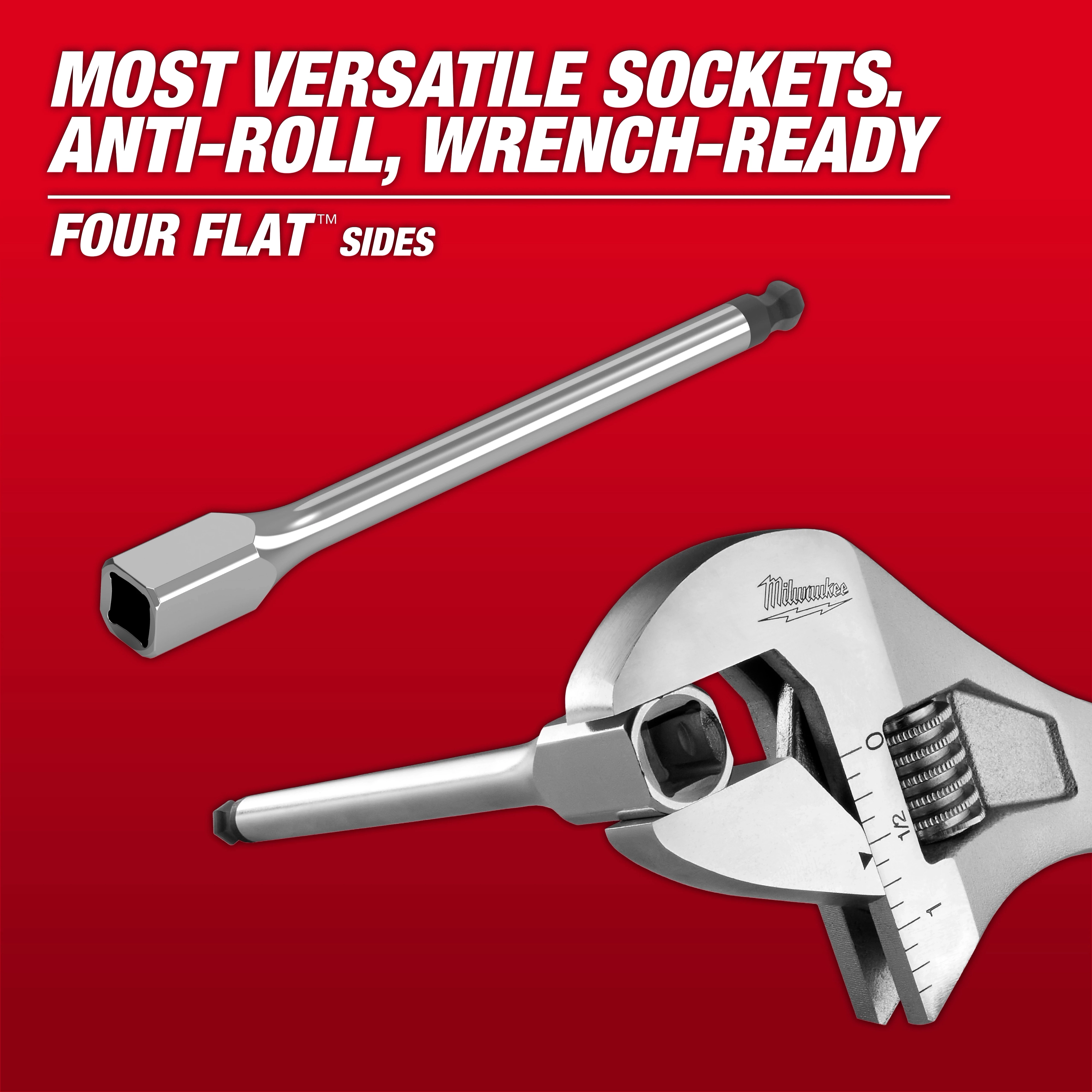 Long Ball End Bit Socket with four flat sides, shown with a wrench against a red background. Text highlights versatility and anti-roll features.