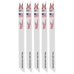 Milwaukee SAWZALL® Blades (5 Pk) for medium metal cutting feature a 9-inch length and 18 teeth per inch (TPI). The white blade displays the Milwaukee logo, USA flag, and metal-cutting specifications.