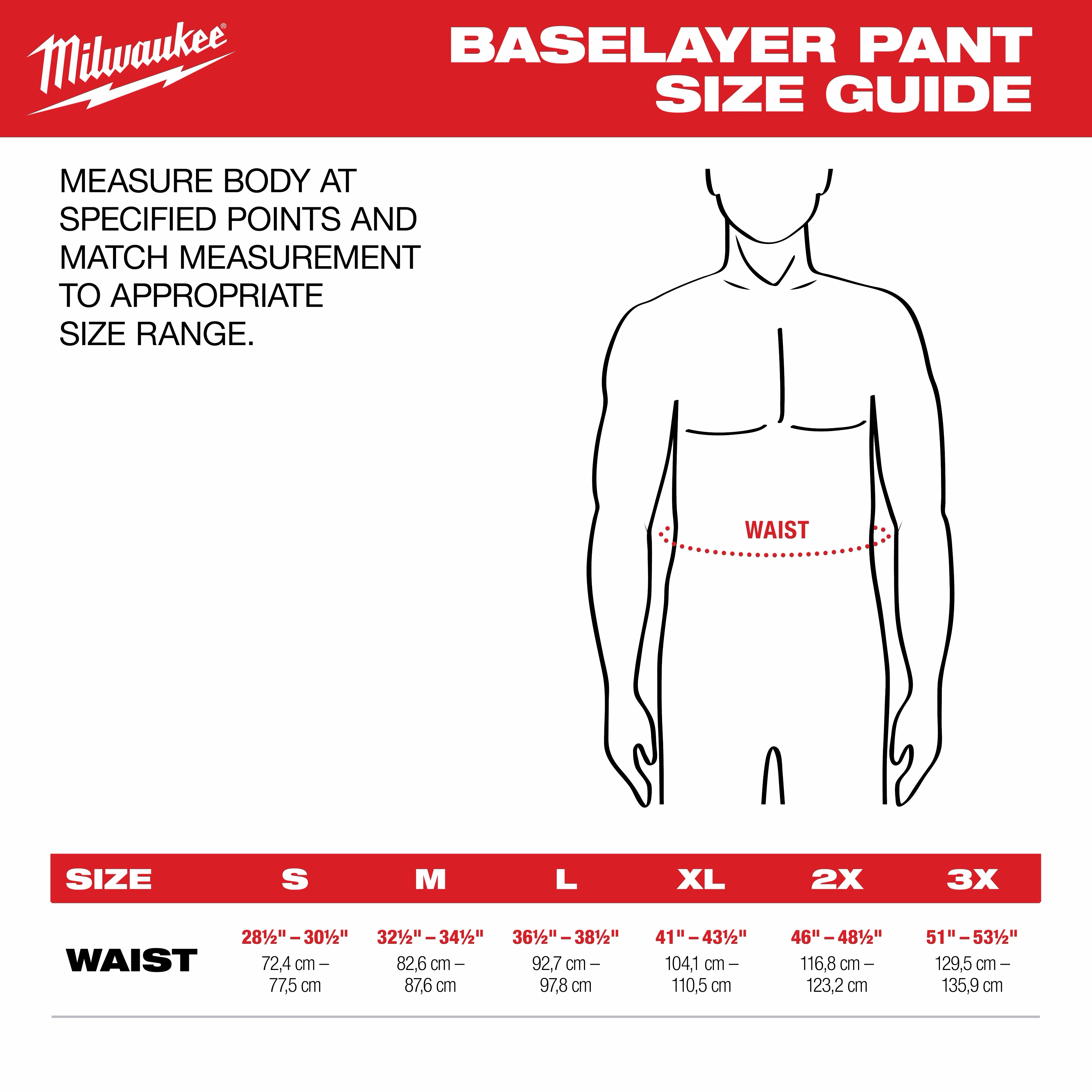 WORKSKIN Baselayer Pants size guide showing waist measurement ranges for sizes S to 3X. Measure body at specified points for accurate sizing.