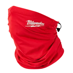 Red WORKSKIN Performance Neck Gaiter with white "Milwaukee" logo, designed for comfort and protection, shown on a white background.