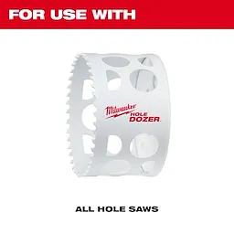 Milwaukee Hole Dozer hole saw is compatible with the Hole Enlargement Thread Adapter for QUIK-LOK™ Arbors. The white hole saw has multiple large openings around its body and features the Milwaukee logo in red. Suitable for use with all hole saws.