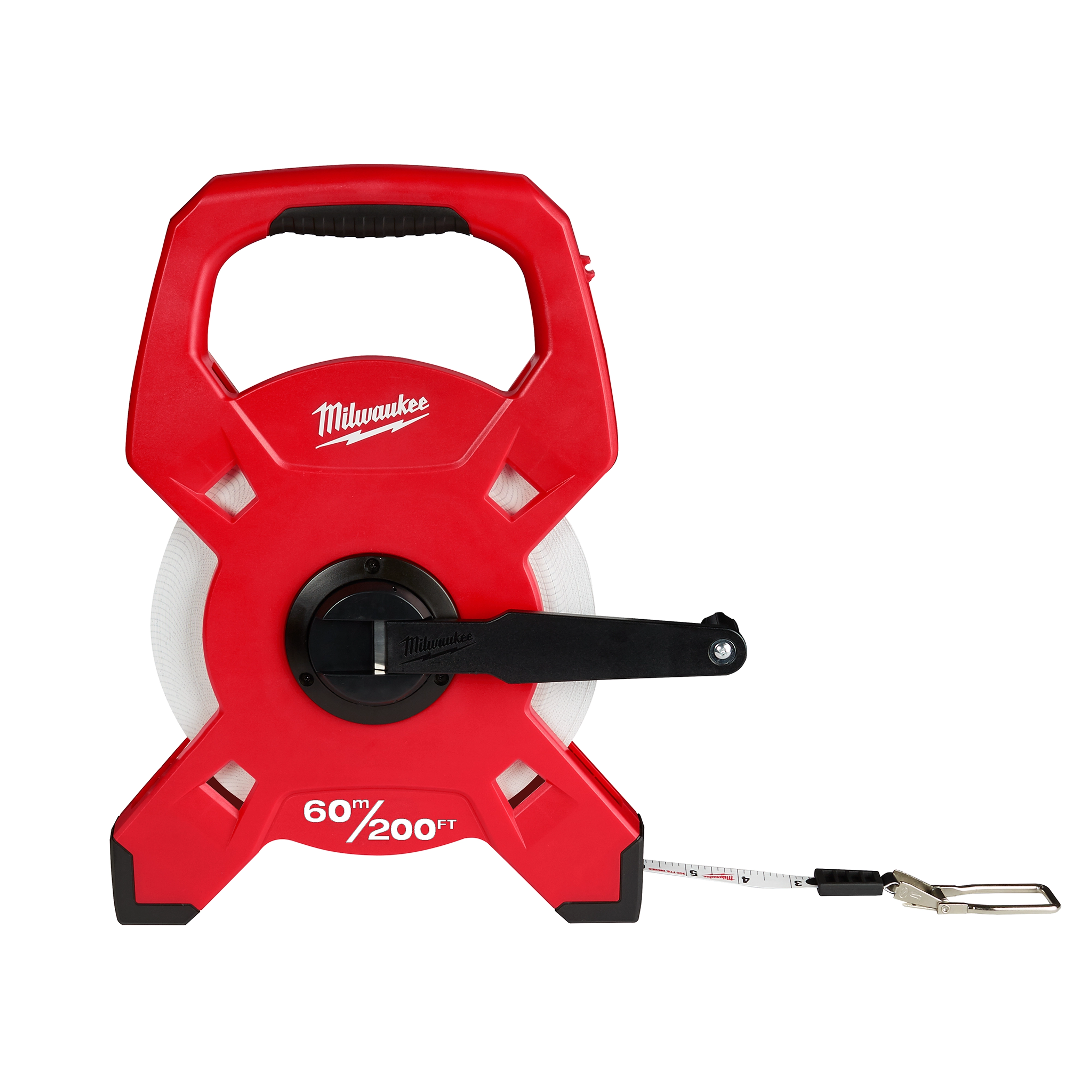 Red 60m/200ft Fiberglass Long Tape with a black manual crank handle and a metal end hook.