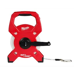 Red 60m/200ft Fiberglass Long Tape with a black manual crank handle and a metal end hook.