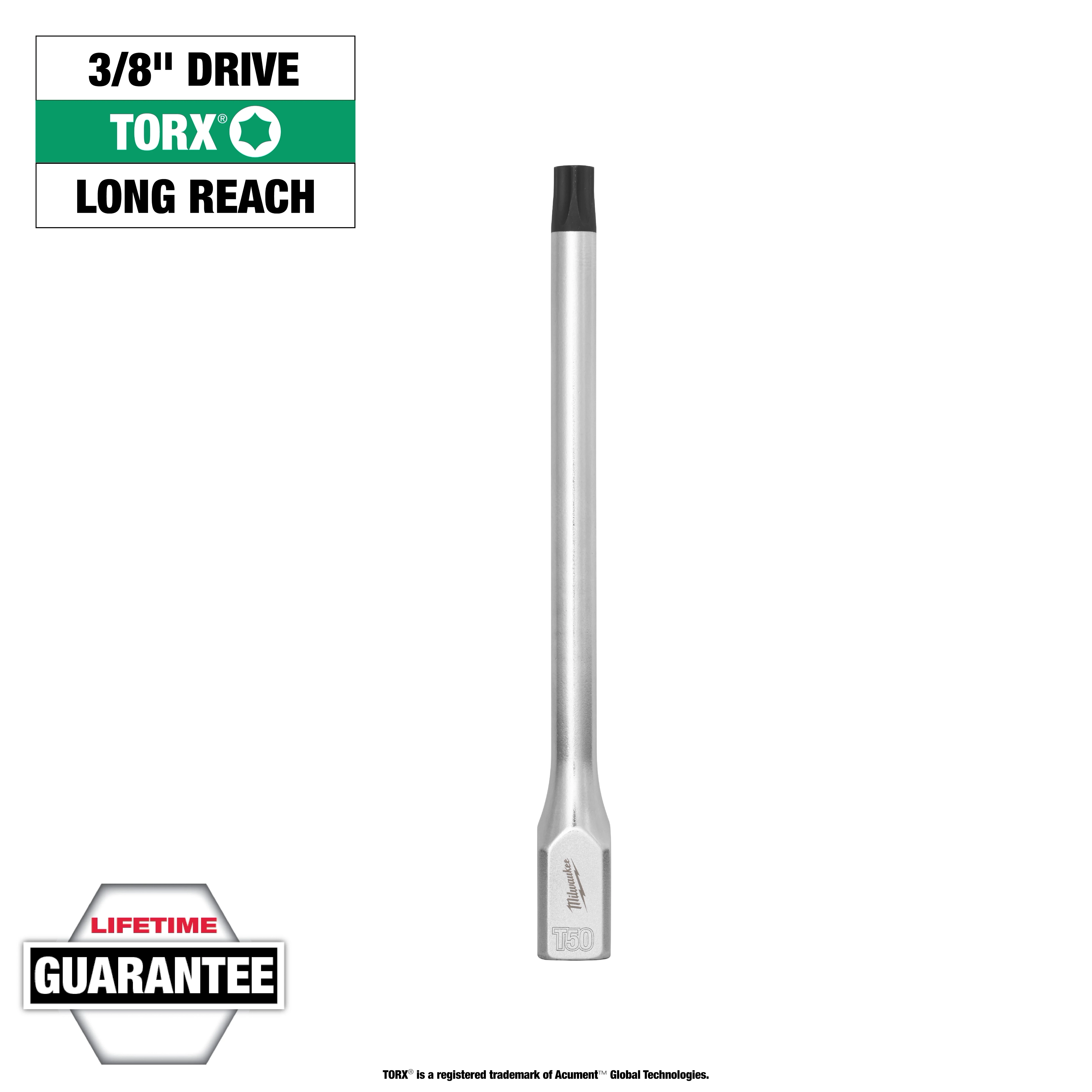 The image shows 1/4" Drive T50 Long TORX Bit Socket, designed for 3/8" drive, with a long reach, made with durable metal.