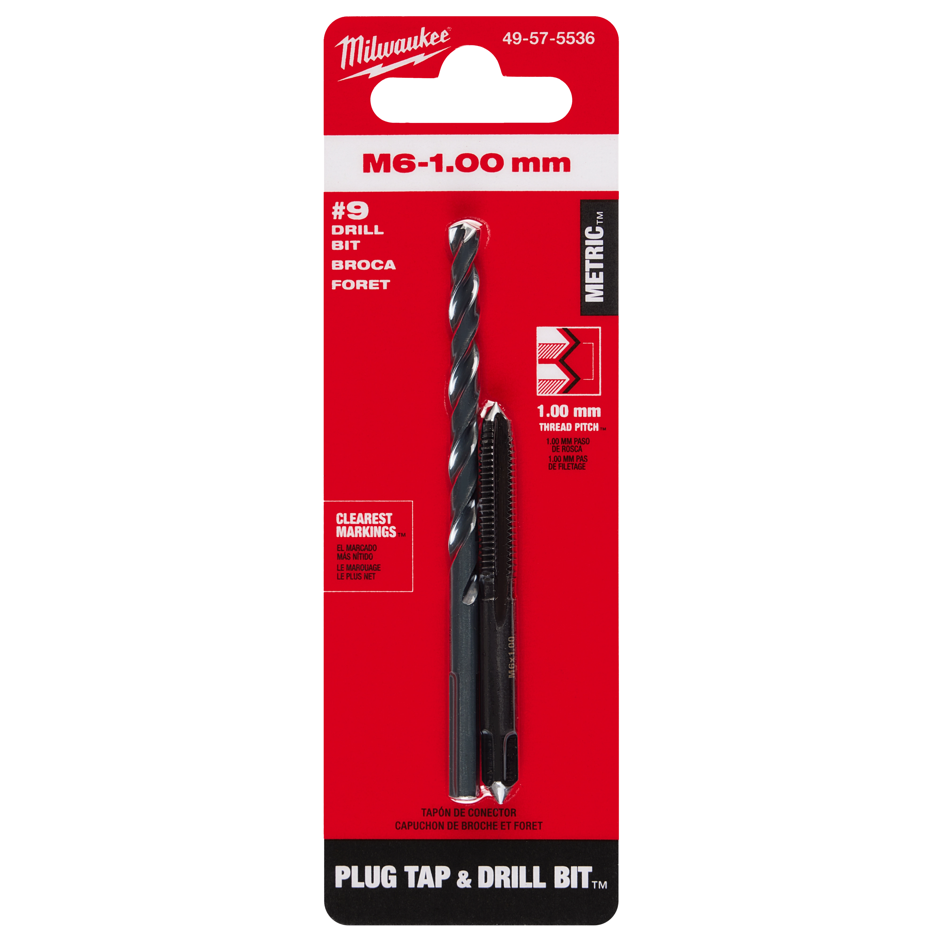 M6-1.00 mm Straight Flute Plug Tap & #9 Drill Bit set in red packaging with black and white text, displaying both tools.