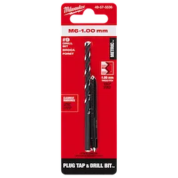 M6-1.00 mm Straight Flute Plug Tap & #9 Drill Bit set in red packaging with black and white text, displaying both tools.