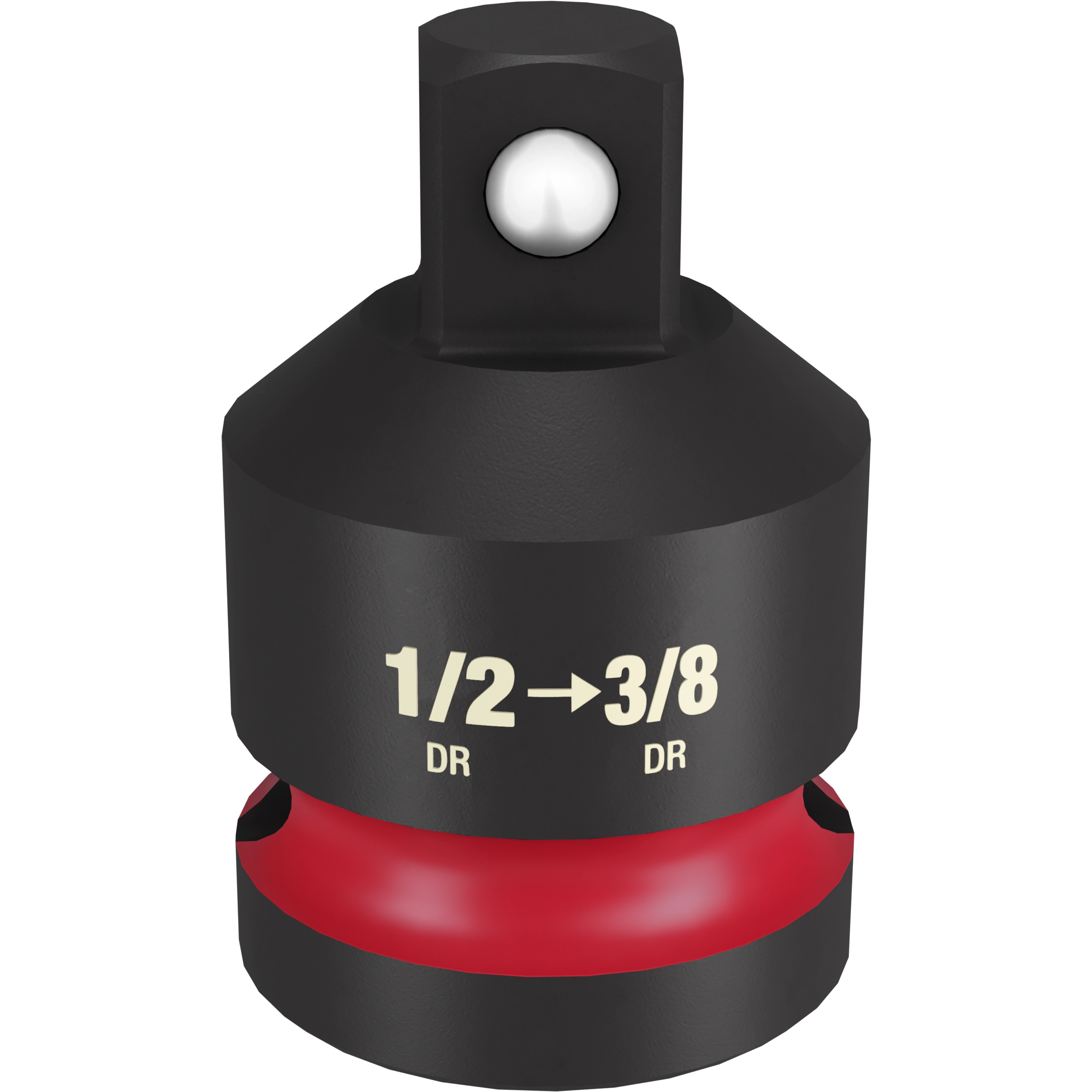 The 1/2 DR TO 3/8 DR IMPACT REDUCER is a black, cylindrical adapter with a red band around its base. It has a 1/2 inch drive socket at the top, reducing to a 3/8 inch drive. Drill size specifications are printed on the side in white.