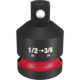 The 1/2 DR TO 3/8 DR IMPACT REDUCER is a black, cylindrical adapter with a red band around its base. It has a 1/2 inch drive socket at the top, reducing to a 3/8 inch drive. Drill size specifications are printed on the side in white.