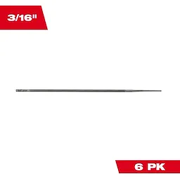 The image displays a 3/16” Round File for Saw Chain, available in a pack of six. The file is thin and elongated with a textured surface for sharpening chainsaw chains. The packaging indicates "6 PK" in bold red letters.