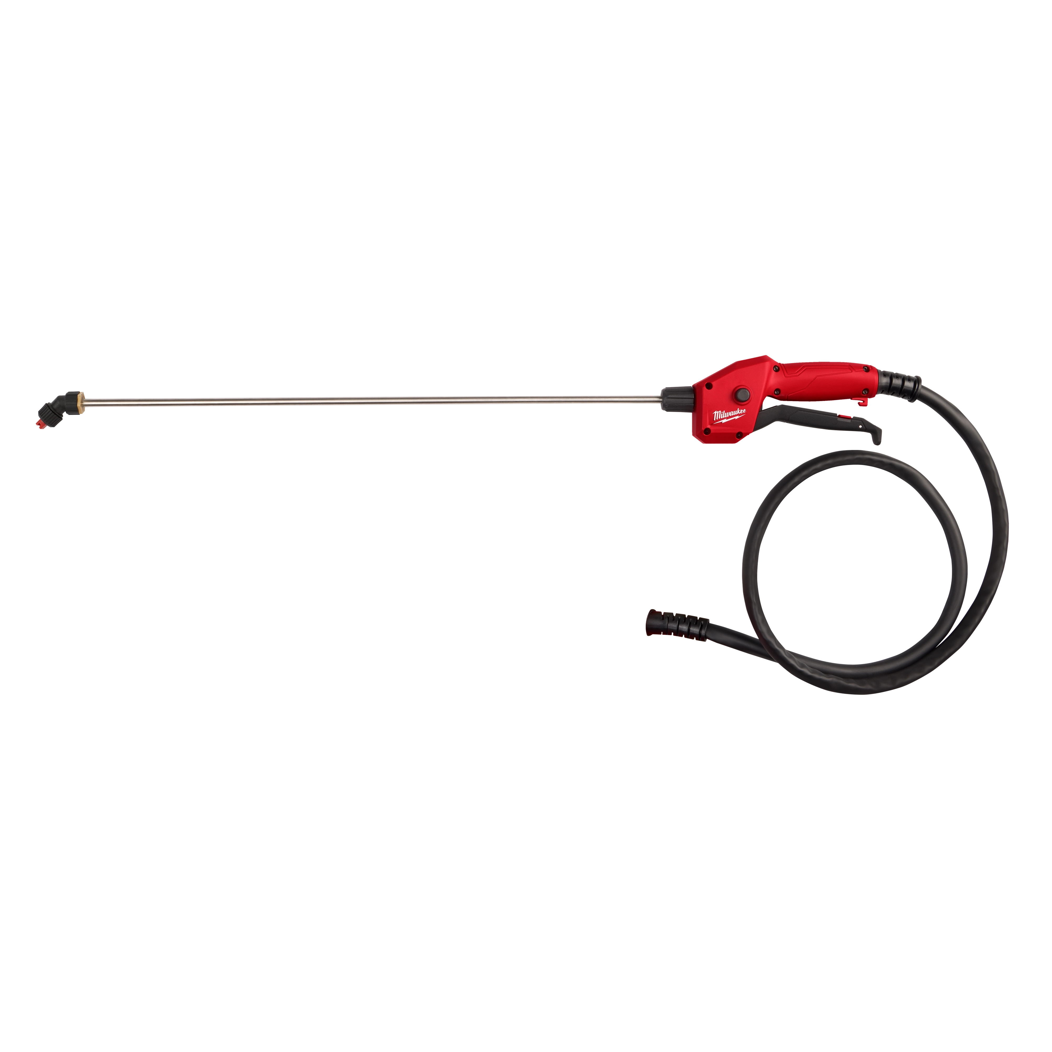 4-Gallon Sprayer Tank Assembly w/ SWITCH-TANK™ features a long metal spray wand, red handle, and black hose. The handle includes a trigger and is connected to the metal nozzle. The hose coiled beside the handle allows for flexible use while spraying.
