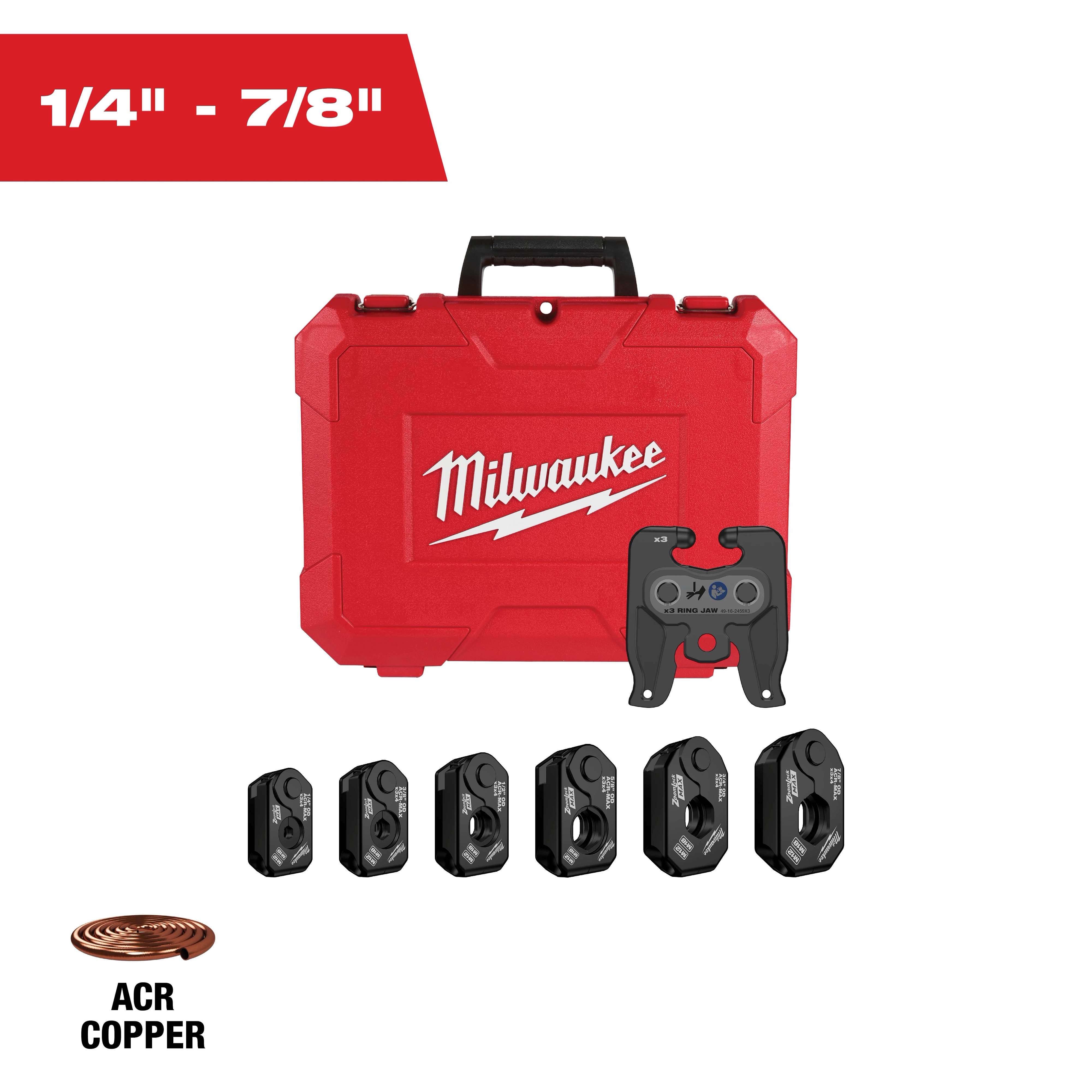 Milwaukee 1/4" – 7/8" ZoomLock MAX® & MaxiPro® Pivoting Press Ring Kit for M12™ FORCE LOGIC™ Press Tool includes a red carrying case, six black press rings, and an adapter tool. The kit is suitable for ACR copper piping applications.