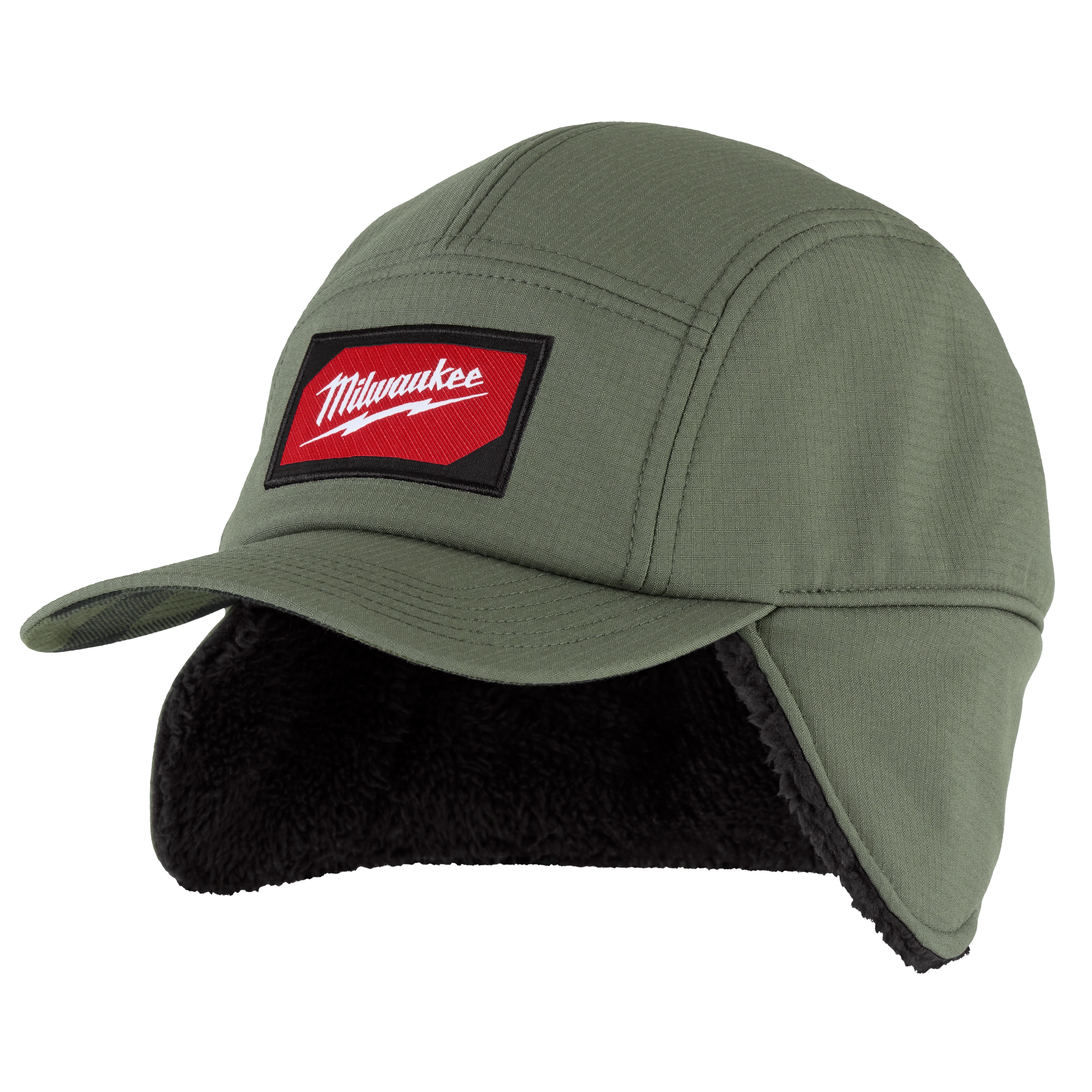Sherpa-Lined Hat in olive green with a red and white logo patch. Featuring ear flaps and a black sherpa lining for added warmth.
