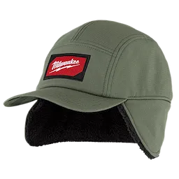 Sherpa-Lined Hat in olive green with a red and white logo patch. Featuring ear flaps and a black sherpa lining for added warmth.