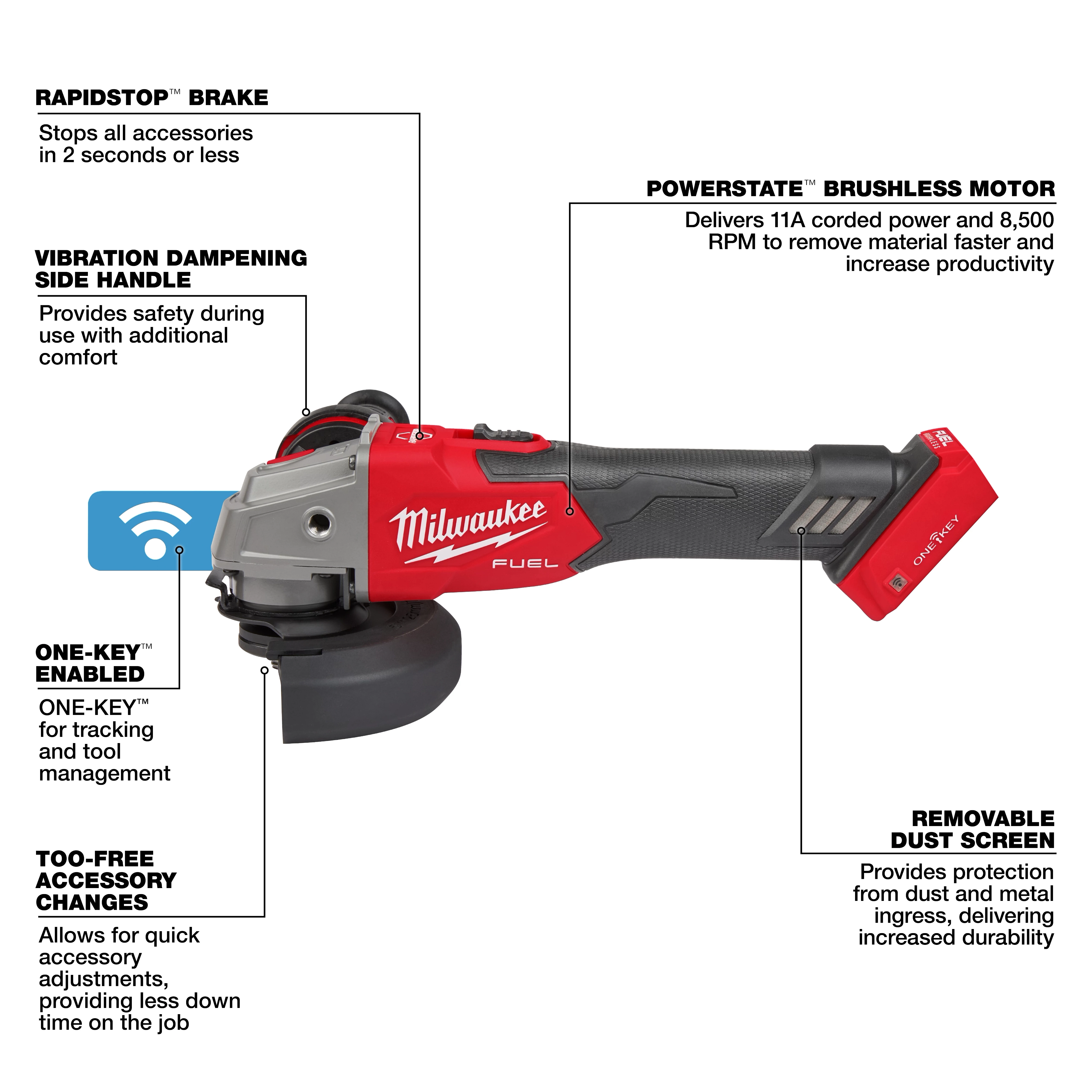 Milwaukee M18 FUEL™ 4-1/2" / 5" Braking Grinder with ONE-KEY™ Slide Switch, Lock-On features a PowerState brushless motor, rapid-stop brake, vibration-dampening side handle, removable dust screen, ONE-KEY™ tool management, and tool-free accessory changes. Ideal for fast material removal, enhanced safety, and durability.