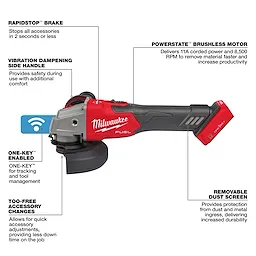 Milwaukee M18 FUEL™ 4-1/2" / 5" Braking Grinder with ONE-KEY™ Slide Switch, Lock-On features a PowerState brushless motor, rapid-stop brake, vibration-dampening side handle, removable dust screen, ONE-KEY™ tool management, and tool-free accessory changes. Ideal for fast material removal, enhanced safety, and durability.