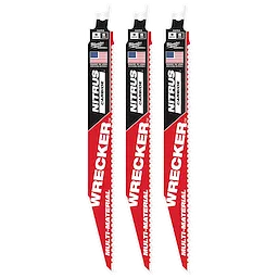 The product image displays three 9" WRECKER™ with NITRUS™ Carbide SAWZALL® Blades for Multi-Material. These blades feature American flags and the brand logo. The blades have distinct black, red, and white markings, indicating their use for various materials. They are designed for efficient cutting with carbide teeth.
