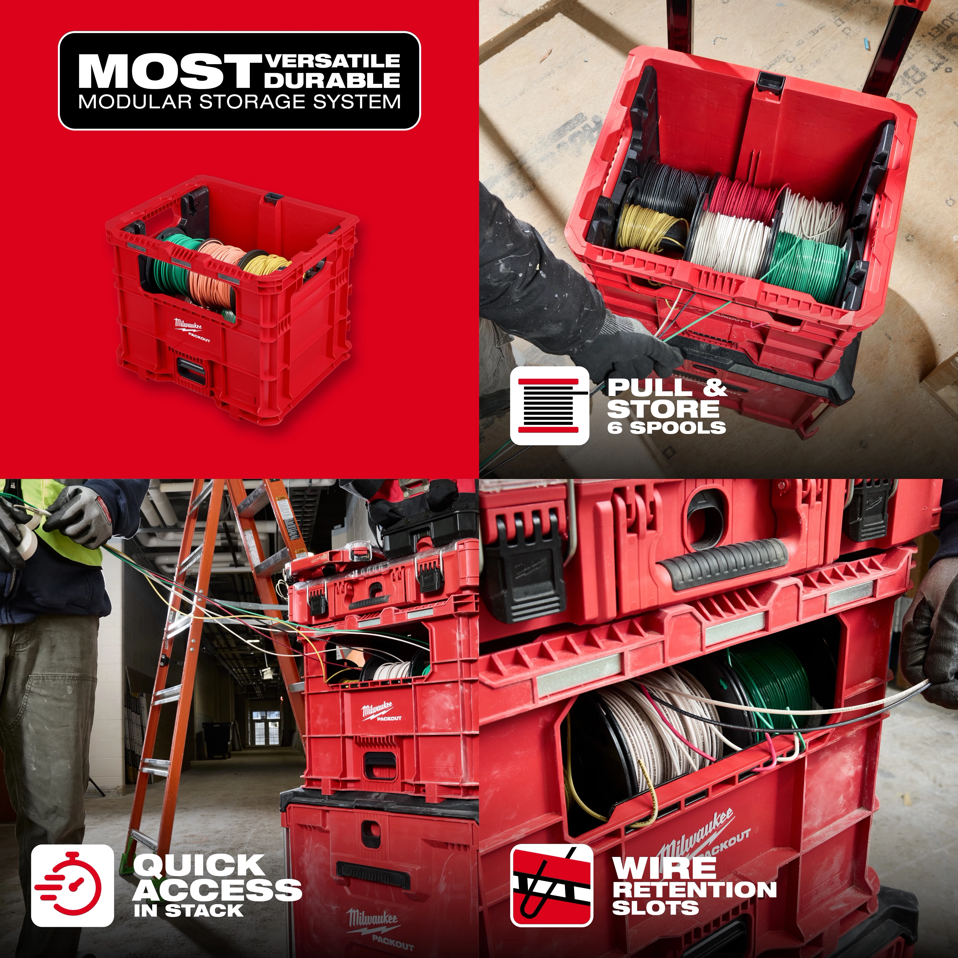 PACKOUT Wire Pulling XL Crate stacked with wire spools and access slots for pulling and storing cables.