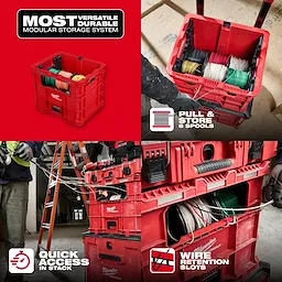 PACKOUT Wire Pulling XL Crate stacked with wire spools and access slots for pulling and storing cables.