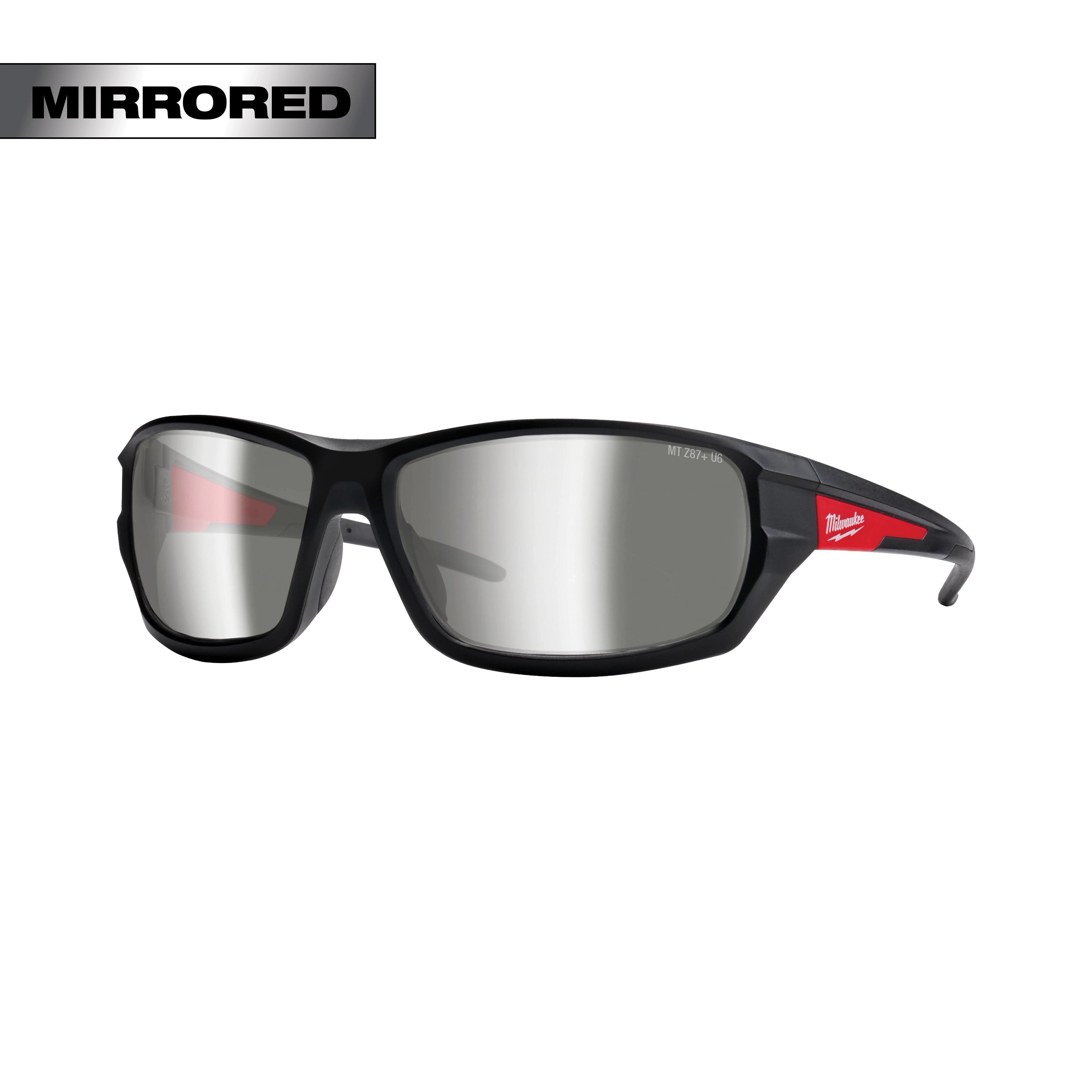 Mirrored Performance Safety Glasses with silver mirrored lenses and a black frame. The glasses have red accents on the temples.