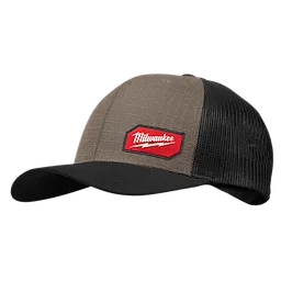 GRIDIRON Snapback Trucker Hat - Brown is a brown cap with a black mesh back and black brim, featuring a red Milwaukee logo patch.