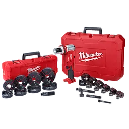 The M18™ FORCE LOGIC™ 6T Knockout Tool 1/2" - 4" w/ Punches & Dies includes a red cordless knockout tool, multiple size punches and dies, and two red carrying cases. The tool and accessories are designed for making holes in various materials efficiently.