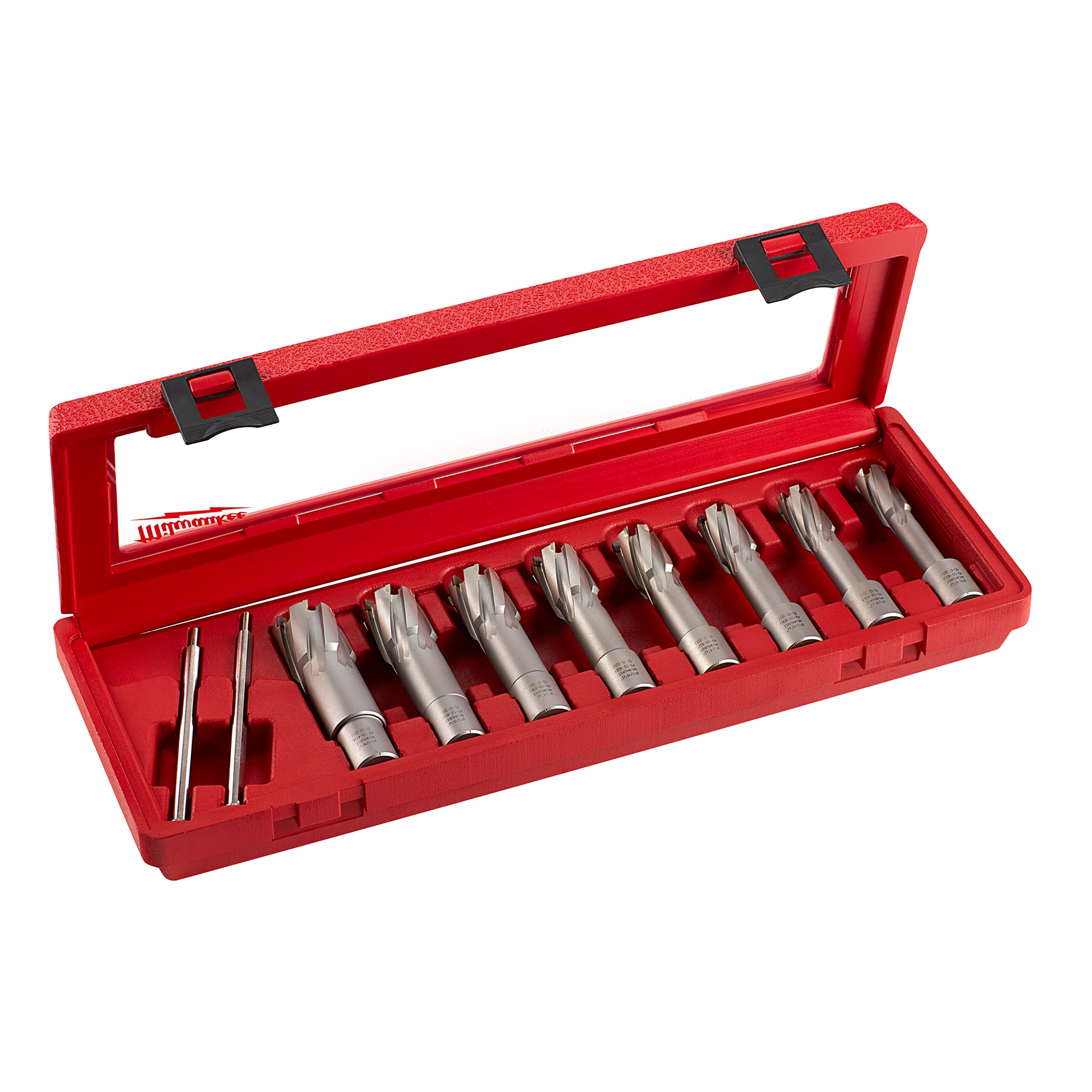 8 pc. Annular Cutter Set with eight silver cutters and two center pins in a red plastic carrying case with a clear lid.