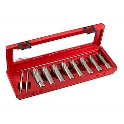 8 pc. Annular Cutter Set with eight silver cutters and two center pins in a red plastic carrying case with a clear lid.