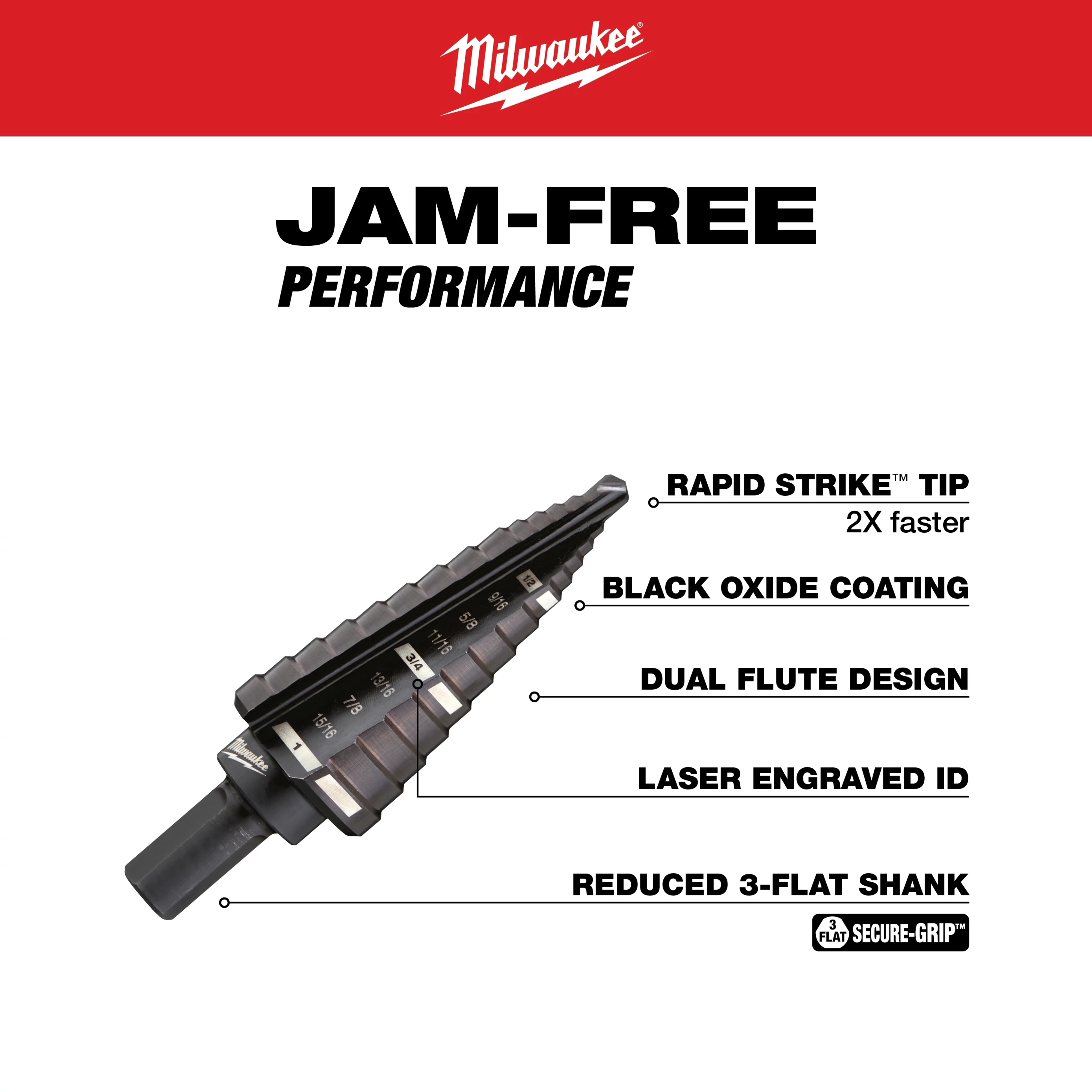 The Milwaukee 1/2 in. - 1 in. x 1/16 in. #8 Step Black Oxide Drill Bit features a Rapid Strike tip, black oxide coating, dual flute design, and laser engraved measurements. It also has a reduced 3-flat Secure-Grip shank for jam-free performance.