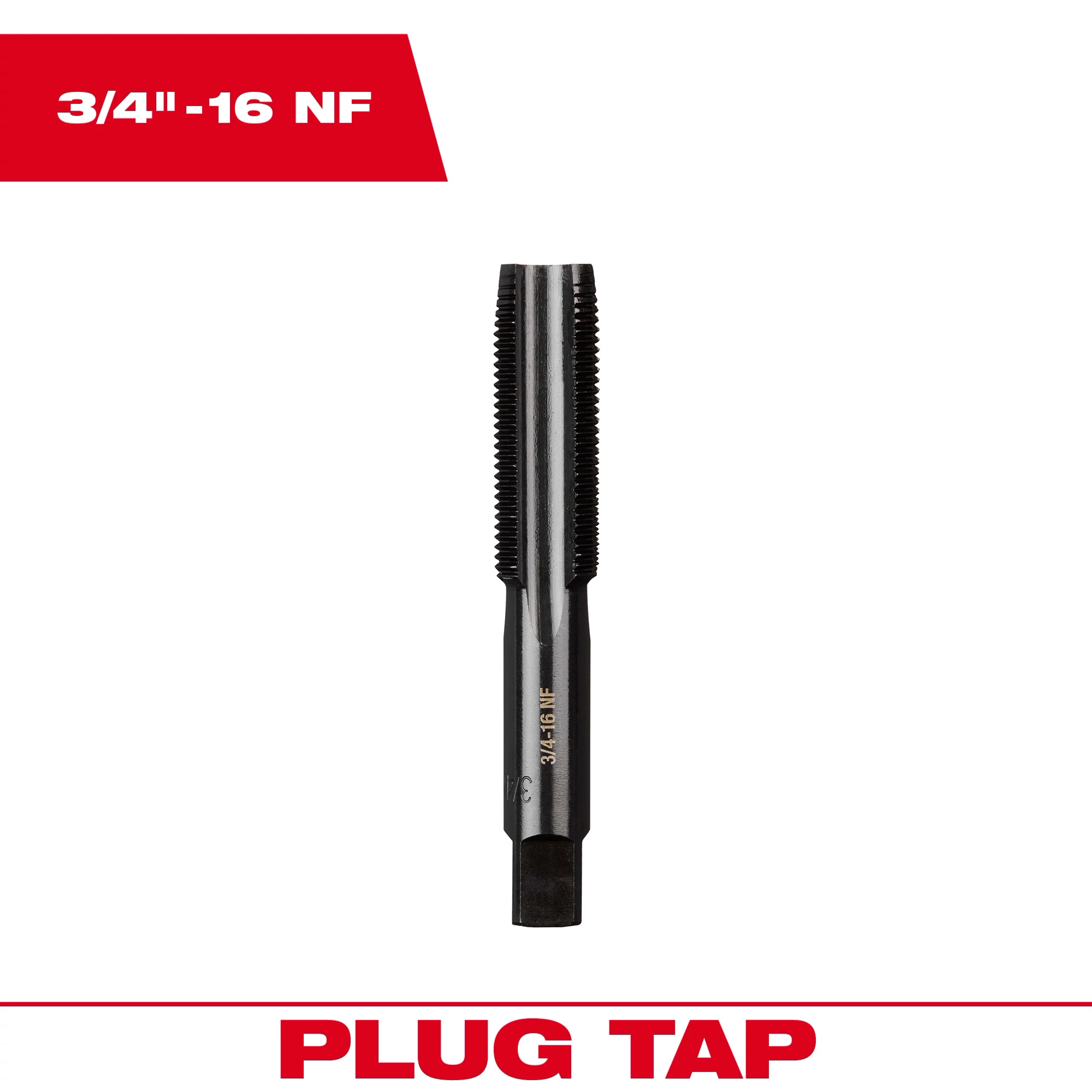 The 3/4"-16 NF Straight Flute Plug Tap is shown with a black threaded tip and a hexagonal shank.