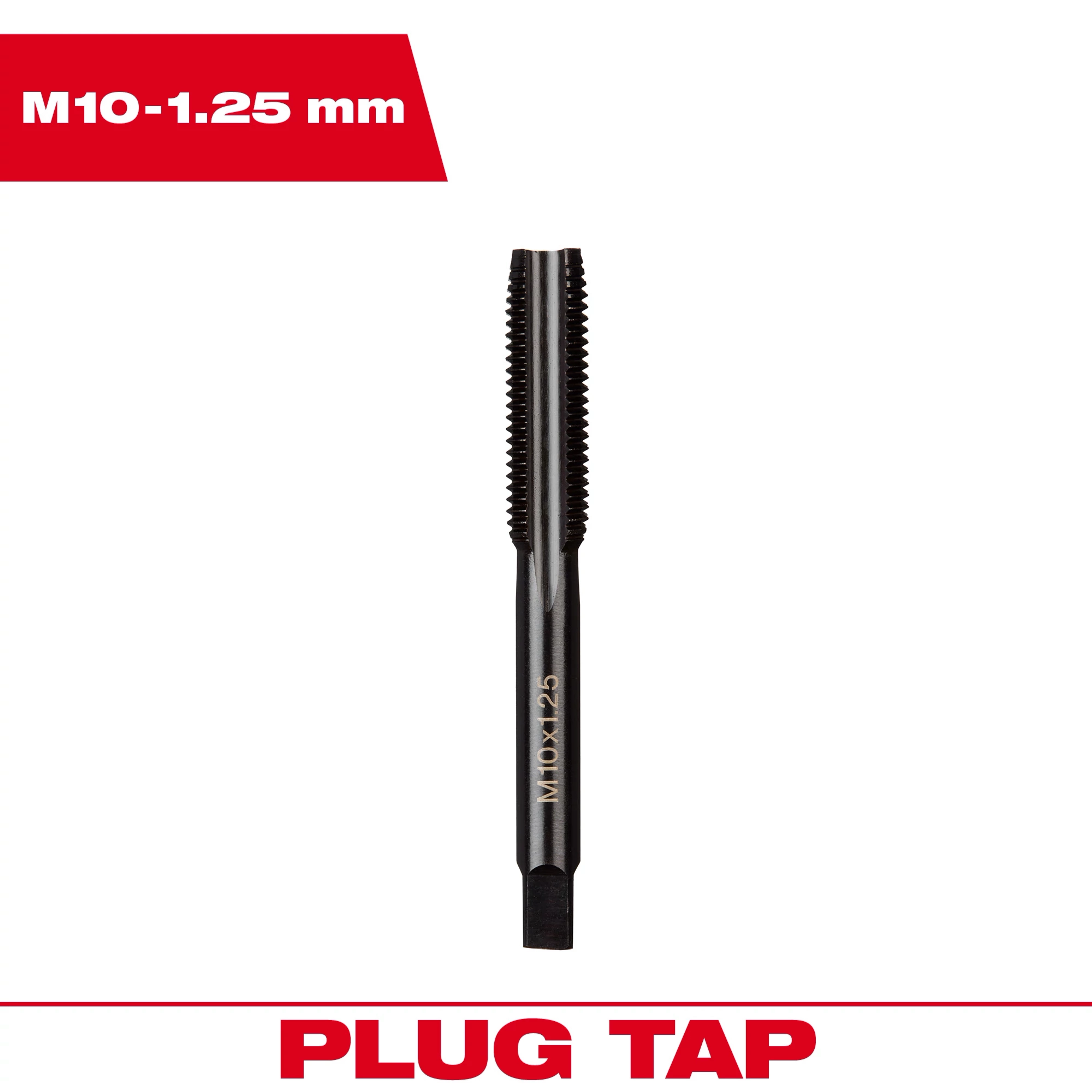The M10-1.25 20mm Straight Flute Plug Tap is shown with a label indicating its size and type on a white background.