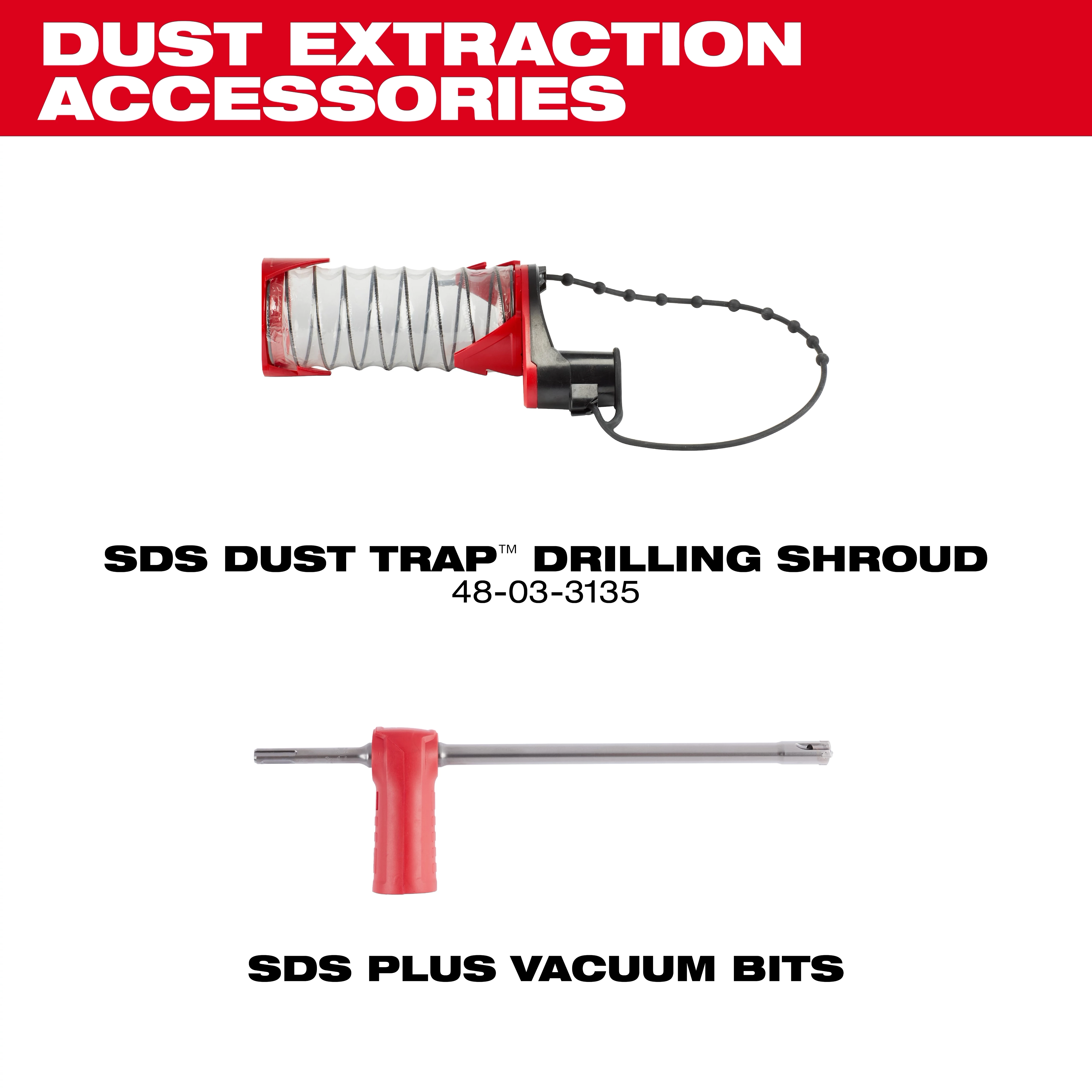 Dust Extraction Accessories display, featuring the SDS Dust Trap Drilling Shroud (48-03-3135) and SDS Plus Vacuum Bits.