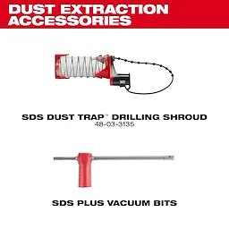 Dust Extraction Accessories display, featuring the SDS Dust Trap Drilling Shroud (48-03-3135) and SDS Plus Vacuum Bits.