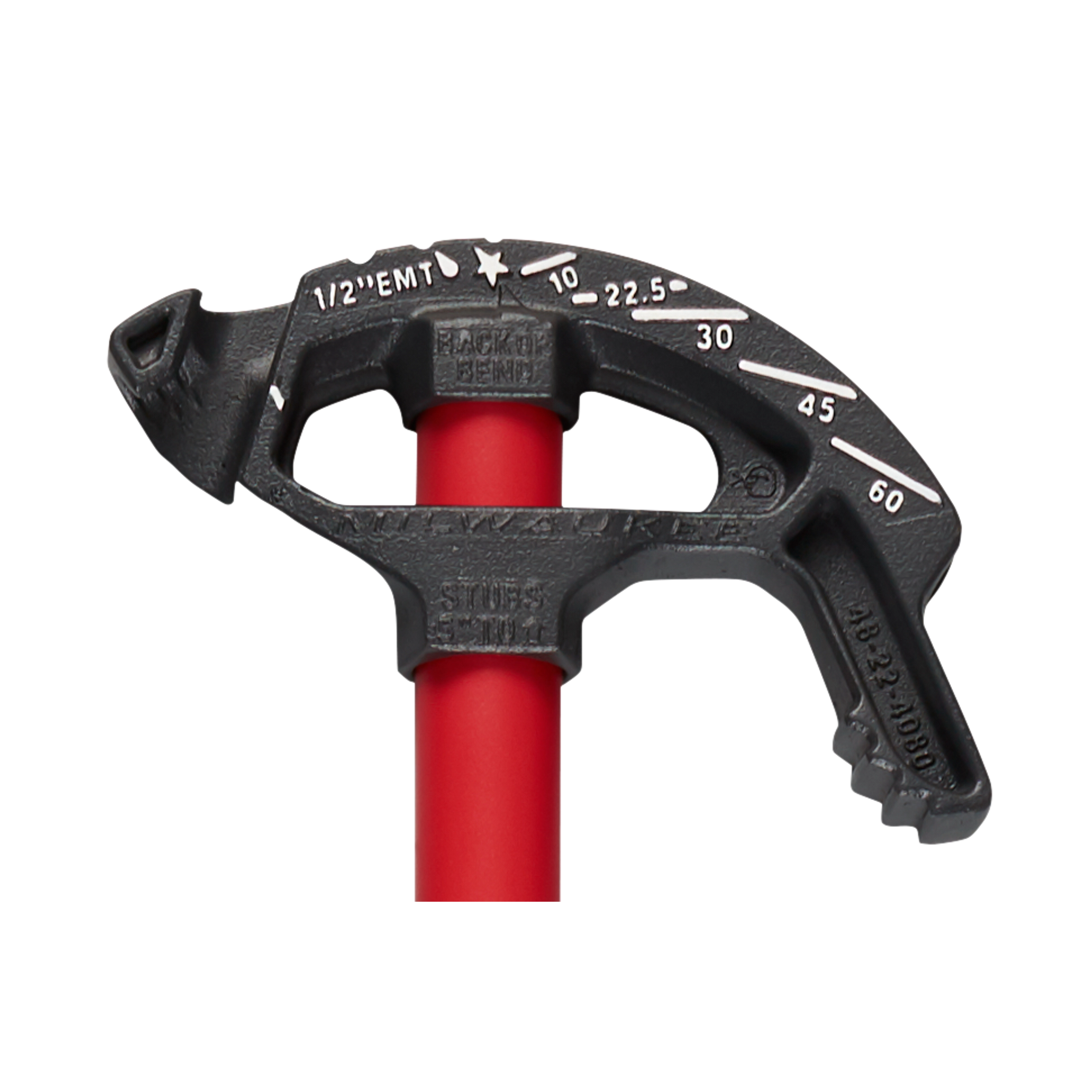 1/2" EMT IRON CONDUIT BENDER with a red handle features engraved degree markings and notched hooks for precise bending of conduits.