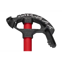 1/2" EMT IRON CONDUIT BENDER with a red handle features engraved degree markings and notched hooks for precise bending of conduits.