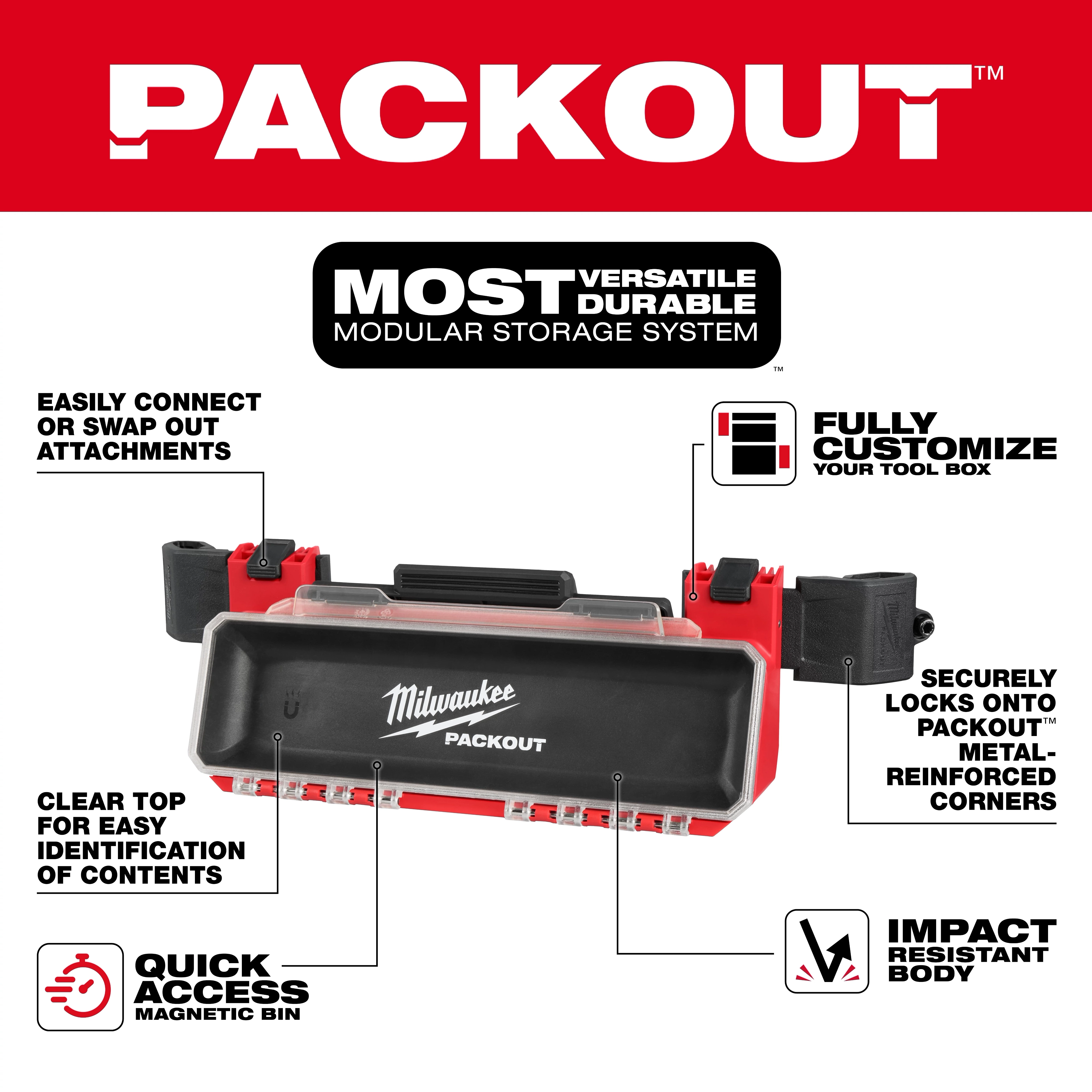 The PACKOUT Tool Box Magnetic Bin Attachment features a clear top for visibility, quick access magnetic bin, and impact-resistant body.