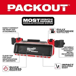 The PACKOUT Tool Box Magnetic Bin Attachment features a clear top for visibility, quick access magnetic bin, and impact-resistant body.