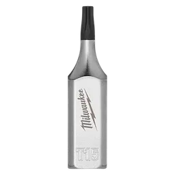 The 1/4" Drive T15 Tamper Proof TORX Bit Socket is a metal tool with the brand name Milwaukee etched on it and features a specialized tip designed for tamper-resistant TORX screws.